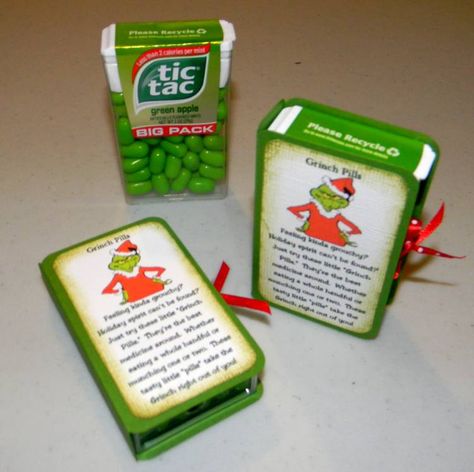 My version of the tic tac box....  big box size Grinch Pills Printable, Grinch Gift Bags, Grinch Pranks, Grinch Gift Ideas, Grinch Gifts, Grinch Pills, Grinchmas Party, Grinch Crafts, Grinch Christmas Party