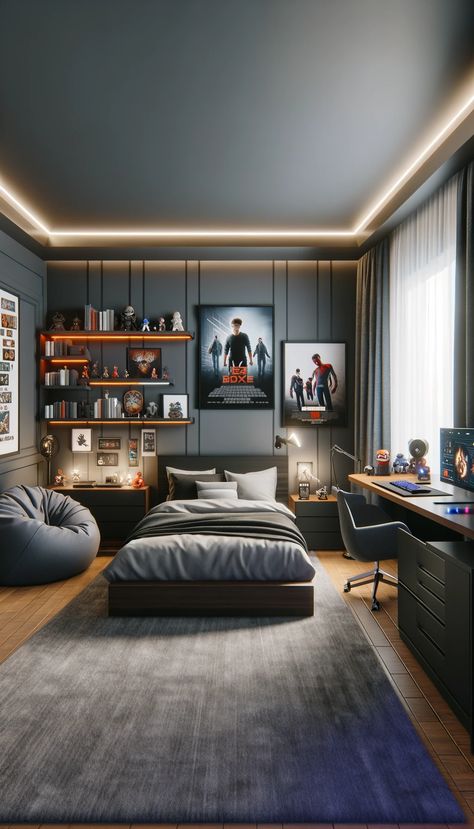 🏠 Transform Your Teen's Space: 21 Epic Teenage Male Bedroom Decorating Ideas! 🚀 Boy Desk In Bedroom, Bedroom Game Room Ideas, Grey Teenage Boys Room, Room Design For Boys, Teenager Bedroom Boy Modern, Teenage Boys Room Ideas, Boy Room Ideas Teenagers, Large Kids Bedroom, Bedroom With Chair