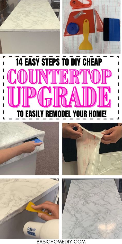 14 simple steps to DIY cheap contact paper countertop upgrade tutorial. Perfect for your butcher block, desk, kitchen countertops, or bathroom, this budget-friendly home makeover comes in granite, white, or faux marble. This budget home upgrade idea is a simple peel-and-stick solution to cover old countertops in a rental, camper, small kitchen, or apartment. Get a detailed tutorial to guide you through the installation process with before and after pictures. Diy Contact Paper Countertops, Cheap Countertop, Kitchen Counter Diy, Renters Kitchen, Contact Paper Countertop, Peel And Stick Countertop, Butcher Block Desk, Cheap Kitchen Makeover, Faux Marble Countertop