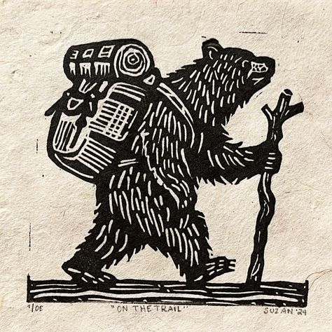 On The Trail (2024) Oil-based block printing ink on Lokta paper Design Size: 4" x 4" Paper Size: 5" x 5" Each print is hand printed so image will slightly vary, every print is signed and numbered in order of creation. Brother Bear Totem Drawing, Funny Bear Tattoo, Woodcut Bear Tattoo, Woodland Folk Art, Alaska Themed Tattoos, Small Lino Prints, Grungy Illustrations, Woodcut Tattoo Flash, Christmas Block Print