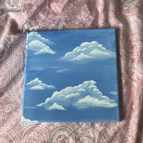 A simple acrylic painting. Blue sky with clouds, painting inspiration. Toy story vibes :) Aesthetic Clouds Painting, Blue Painting Aesthetic Easy, Blue Sky Painting Easy, Blue Sky Clouds Painting, Blue Sky Painting Acrylic, Clouds Painting Aesthetic, Blue Art Aesthetic Painting, Cloud Painting Aesthetic, Cloud Painting Easy