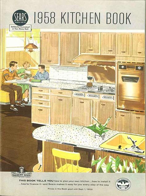 One of our resolutions for 2013 here on Retro Renovation is to start featuring more fabulous vintage home improvement catalogs — featuring kitchens, bathrooms, decorating, light fixtures, house plans — the list goes on. What better place to start this new series than with a fantastic 1958 kitchen catalog from Sears — with 32 pages … Installing Kitchen Cabinets, Kitchen Book, 1950s House, Harmony House, Retro Renovation, Traditional Interior Design, Casa Vintage, Mid Century Kitchen, Vintage Interior