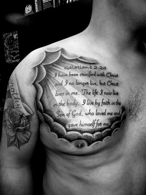 Galatians 2 20 Bible verse chest tattoo for men Verse Tattoos For Men, Bible Verse Tattoos For Men, Chest Tattoo Quotes, Lion Chest Tattoo, Chest Tattoos For Men, 20 Tattoo, Tattoo On Chest, Virgin Mary Tattoo, Spiderman Tattoo