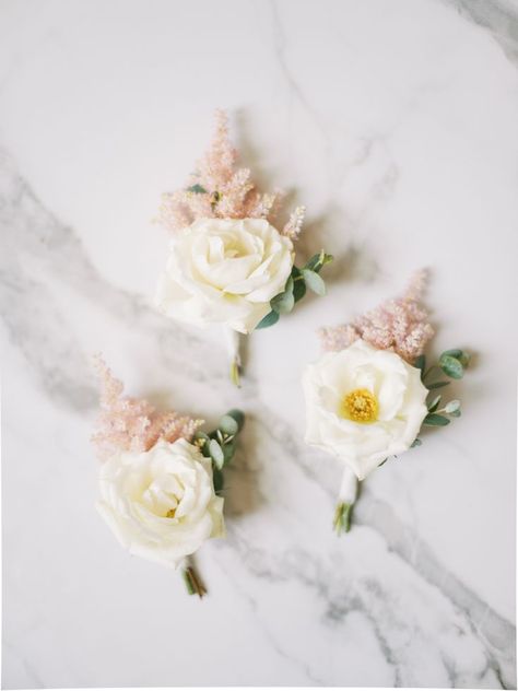 White spray rose and blush astilbe boutonniere with eucalyptus accent. Bethany Erin Weddings Blush Pink And Sage Green Boutonniere, Blush And White Boutonniere, Garden Rose Boutonniere, Astilbe Boutonniere, Neutral Boutonniere, Boutonniere With Eucalyptus, Blush Astilbe, Blush Corsage, Peach Boutonniere