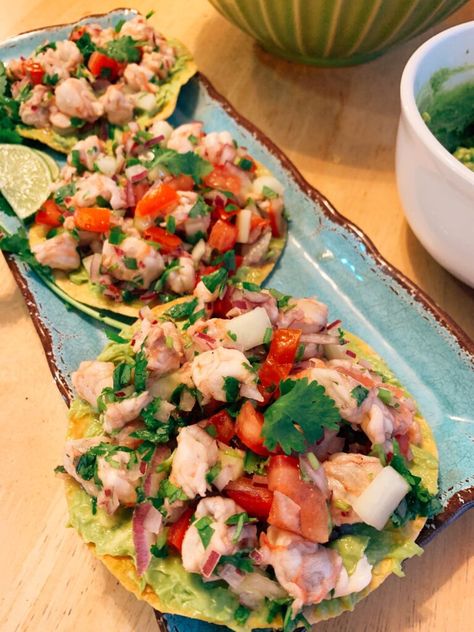 Ceviche Shrimp Tostadas, Tostada Recipes Shrimp, Grilled Shrimp Ceviche, Shrimp Ceviche Tacos, Fish Tostada Recipes, Authentic Mexican Tostadas, Ceviche Shrimp Puerto Rican, Shrimp Civeche Recipe Mexican, Civeche Recipe Shrimp Mexican