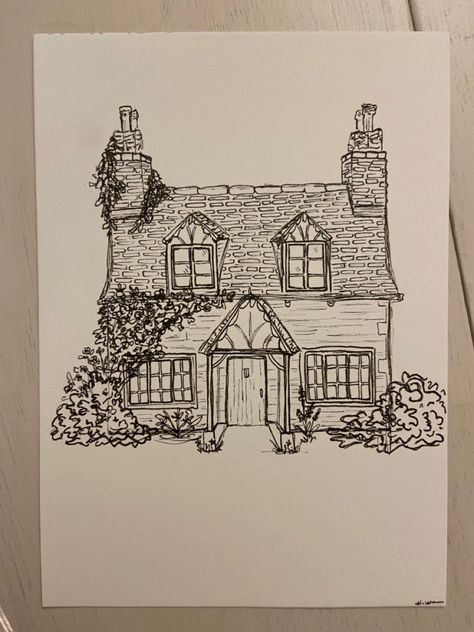 Black and white sketch, pigma micron archival ink, pen, sketch, freehand drawing Drawing Of Cottage, Cottage Drawing Reference, Cottagecore Sketches Simple, Drawing Of A Cottage, How To Sketch Houses, Cottage Core Things To Draw, Cottage Homes Drawing, House Sketches Architecture, Drawings Of Cottages