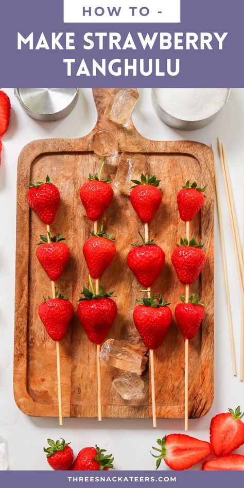 Sugar-Coated Strawberries. With Text Reading: Easy Strawberry Tanghulu Recipe. Tanghulu Recipe, Strawberry Tanghulu, Fresh Fruit Recipes, Simple Dessert, Christmas Cake Recipes, Best Sweets, Easy Summer Desserts, Easy Summer Meals, Candied Fruit