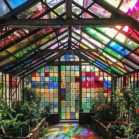 Garden With A View, Cool Greenhouse, Greenhouse Glass, Cute Greenhouse Interior, Greenhouse Colors, Pretty Windows, Colourful Greenhouse, Glass Greenhouse Attached To House, Whimsical Greenhouse