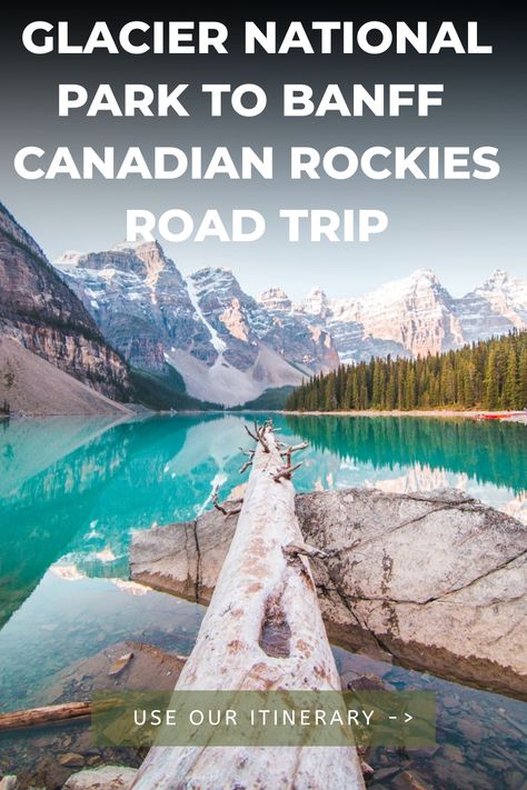 US Glacier National Park and Banff National Park in Canada are at the top of many travelers bucket lists. You can see both on one epic road trip through the Rocky Mountains. We share exactly how and more provincial parks and towns you should stop at on your drive from Glacier to Banff | Glacier National Park to Banff family road trip itinerary ideas | Get more US and Canadian road tripping ideas at familyroadtrip.co Road Trip Glacier National Park To Banff, Glacier National Park To Banff, Yellowstone To Glacier Road Trips, Glacier National Park Road Trip, Canada Banff National Park, Glacier National Park And Banff Road Trip, Banff And Glacier Itinerary, Banff And Jasper National Park, Canadian Rockies Road Trip