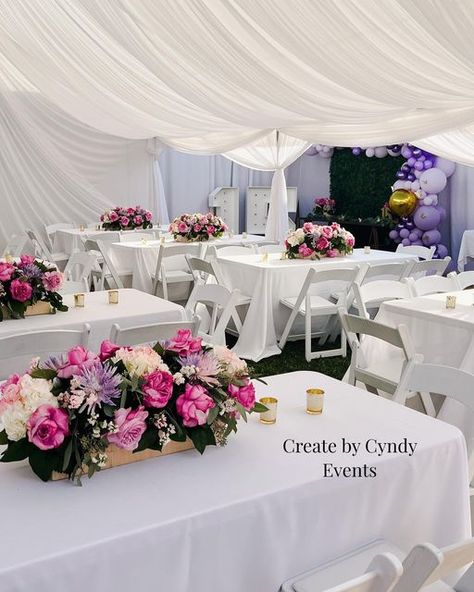 Create By Cyndy Events on Instagram: "Loving the all white with pops of purple for the special Quinceañera. You can definitely transform your space into a beautiful setting for any event. DM me today to book your next event, backyard or venue we do it all. #createbycyndy #tentdraping #draping #specialevents #backyardquinceañera #backyardevents #quinceañera #eventstyling #evebtplanning #monclair #chino #chinohills #onatrio" Birthday Ballon, 15 Birthday, Chino Hills, Wedding Floral Centerpieces, Wedding Floral, Floral Centerpieces, Event Styling, All White, Quinceanera