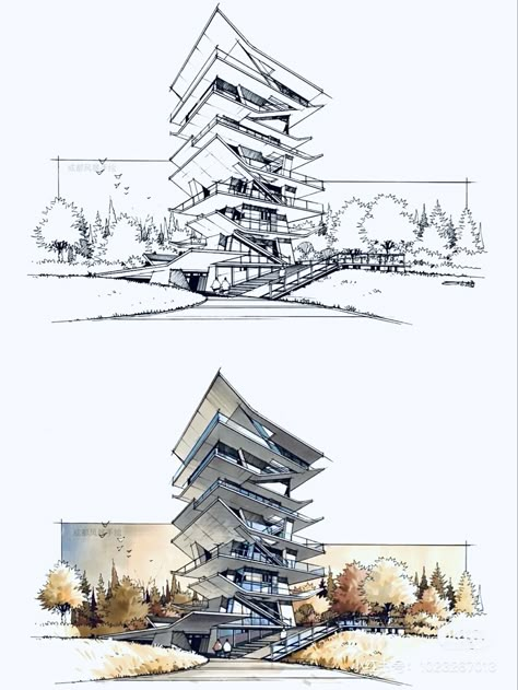 Hybrid Architecture Drawings, Architecture Digital Drawing, Conceptual Sketches Architecture, Architecture Concept Drawings Sketches, Modern Architecture Sketch, Modern Architecture Drawing, Building Design Sketch, Architecture Sketch Simple, Architecture Concept Sketch