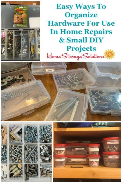 Easy ways to organize hardware for use in home repairs and small DIY projects {on Home Storage Solutions 101} Organize Hardware, Attic Storage Organization, Small Diy Projects, Tool Organization Diy, Photo Organization Storage, Hardware Organizer, Organized Spaces, Socket Storage, Declutter And Organize