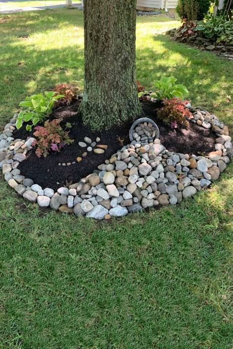 Garden Ideas Around Trees, White Rocks Around Tree, Decorating Around A Tree Front Yards, Planting Flowers Around A Tree, Stone Around Trees Landscaping Ideas, Gardening Around Trees, Rock Garden Under Tree, Front Yard Rock Garden Ideas, Rock Garden Around Tree