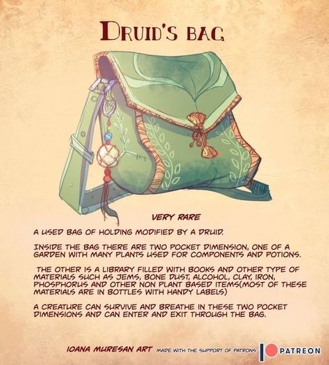 Druid's Bag (Other) Dnd Loot, Dnd Druid, Homebrew Items, Dm Ideas, Dnd Dm, Rpg Items, Bag Of Holding, Dnd Magic Items, Dnd Things