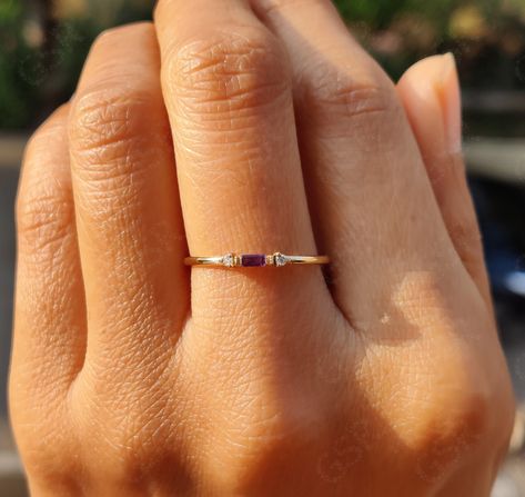 14K Gold Amethyst Ring / Baguette Amethyst Stacking Ring / Minimalist Birthstone Amethyst Ring / Three-Stone Round Moissanite Amethyst Ring by GelsonStackingRings on Etsy Mothers Ring Stackable, Music Rings, Open Cuff Ring, Stackable Birthstone Rings, Birthstone Ring Mothers, Ring Baguette, Gold Amethyst Ring, Rings Ceremony, Birthstone Rings