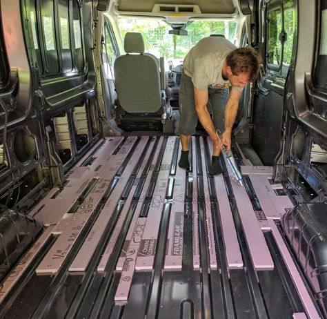 Van Floor Insulation, Camper Van Awning Ideas, Van Flooring Ideas, Camper Van Flooring, Campervan Flooring, Van Conversion Floor, Promaster Van Conversion, Van Insulation, Cargo Van Conversion