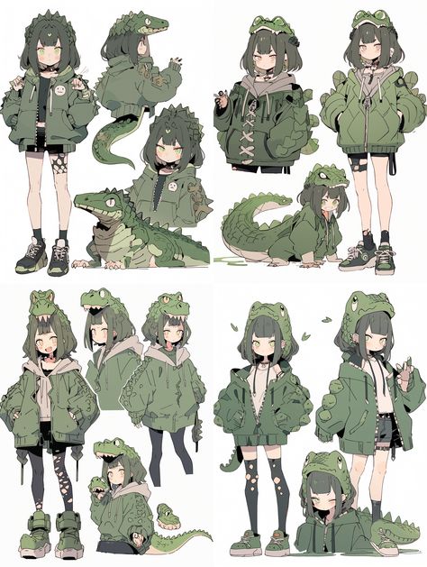 Concept Character Sheet, Alligator Anime, Frog Vtuber, Alligator Character Design, Alligator Oc, Green Character Design, Simple Art Style, Green Hair Anime, Character Design Sheet