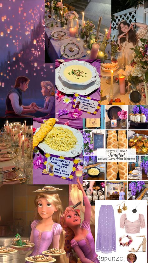 Rapunzel Themed Dinner, Disney Themed Dinner Party, Tangled Inspired Food, Disney Dinner Party, Tangled Dinner, Disney Brunch, Disney Movie Themed Dinner, Princess Dinner, Disney Moodboard