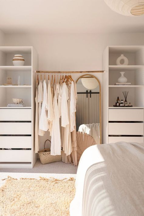 Bedroom Cupboard Ideas, Wardrobe Shelving, Salon Owner, Bedroom Cupboard, Open Wardrobe, Cosy Bedroom, Open Closet, Wardrobe Solutions, Wooden Wardrobe