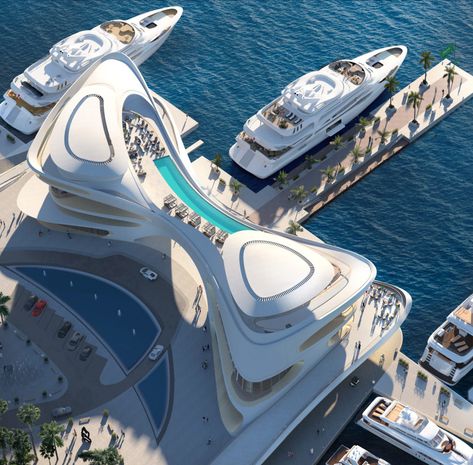 Futuristic Architecture, Marine Landscape, Marina Resort, Ultra Luxury, Luxury Yacht, Luxury Cruise, Class Design, Iconic Design, Club Design