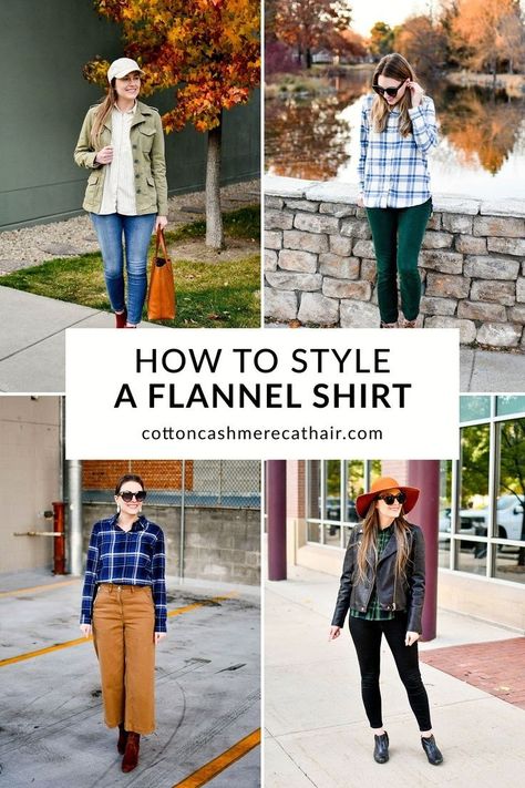 How to Style a Flannel Shirt | Flannel Shirt Outfit Ideas for Women | Cotton Cashmere Cat Hair Fitted Flannel Shirt Women, Sweater Flannel Outfit, Flannel And Chelsea Boots, Fall Flannels For Women, Flannel Fashion Womens, Flannel Button Down Outfit Women, Styling A Flannel Shirt Outfit, Plaid Shirt Outfit Ideas, Female Flannel Outfit