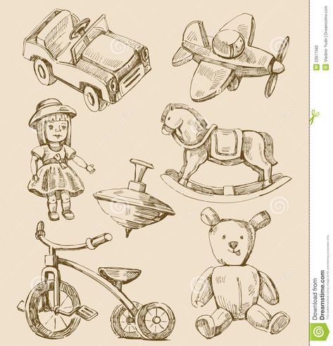 Hand Drawn Vintage Toys Collection Stock Photo - Image: 23977560 Retro Kids Toys, Sketch Icon, Bear Watercolor, Teddy Bear Toys, Bear Illustration, Cartoon Toys, Cartoon Posters, Retro Kids, Icon Set Vector