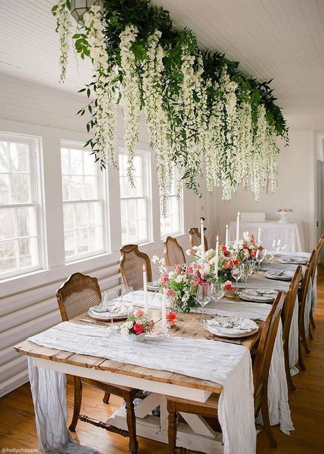 White Wisteria Hanging #wedding #luxury #weddingplanner #luxurywedding White Wisteria, Greenery Garland, Hanging Garland, Hanging Flowers, Floral Garland, Long Table, Garland Wedding, Deco Floral, Wedding Table Centerpieces