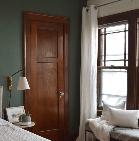 Craftsman Bedroom Paint Colors, Dark Paint With Wood Trim, Craftsman Blue Paint Interior, Paint For Dark Wood Trim, Victorian Interior Colors, Bedroom With Wood Trim, Paint Colors For Golden Oak Trim, Green Paint Wood Trim, Blue Walls Wood Trim