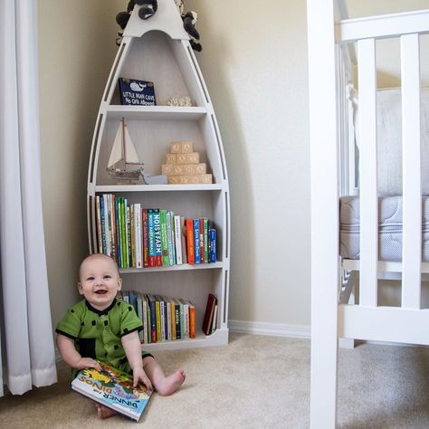 Nautical themed nursery, boat bookcase, neutral, baby boy, baby girl, design, interior design, nursery inspiration Boat Bookshelf, Boat Bookcase, Nursery Inspiration Boy, Nautical Room Decor, Boat Shelf, Nursery Ideas Boy, Nautical Nursery Boy, Nautical Room, Nursery Book