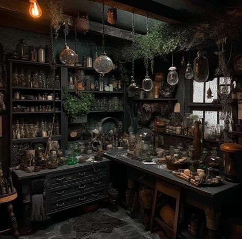 Witchy China Cabinet, Kitchen Witch Apothecary, Cottage Witch Kitchen Aesthetic, Witches Herb Cabinet, Witch Aesthetic Kitchen Decor, Gothic Home Decor Kitchen, Dark Apothecary Kitchen, Apothecary Kitchen Aesthetic, Cottagecore Goth House