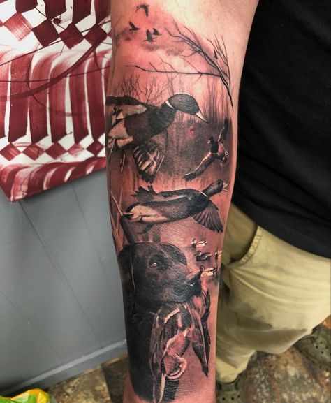 Hunting Tattoos For Guys Sleeve, Deer And Duck Tattoo, Duck Sleeve Tattoo, Mens Western Sleeve Tattoo, Antler Sleeve Tattoo, Waterfowl Tattoo Sleeve, Mechanic Sleeve Tattoo, Fishing Hunting Tattoo, Country Arm Sleeve Tattoo