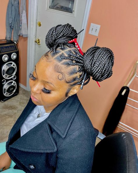 Indys Finest on Instagram: “Medium knotless in 2 buns with chop sticks 🥢 . . . #braidstyle #coolhairstyles #braidedhairstyles #sleekponytails #feedincornrows…” Chop Sticks In Hair Hairstyles, Chop Stick Hairstyles Black Women, Chop Stick Hairstyles, Bun With Chopsticks, Knotless Box Braid Hairstyles, Chopstick Hairstyles, Style Your Braids, Braids To Try, 2 Buns