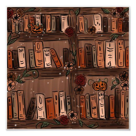 Floral Halloween bookshelf artwork Spooky Bookshelf Painting, Painting Of Bookshelf, Halloween Book Aesthetic, Watercolor Bookshelf, Autumn Bookshelf, Dragon Library, Bookshelf Artwork, Bookshelf Drawing, Bookshelf Painting