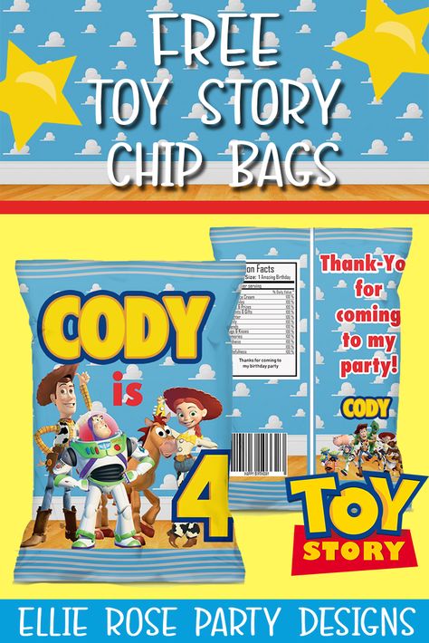 Free Toy Story Chip Bag Printables - Download and Print from Home. These cute chip bags are a great addition to your dessert table. Your guest will love these also as a favor bag to take home with them #toystorypartyideas #toystoryparty #toystorypartyprintables #toystoryfreebies #freetoystoryprintables #chipbag printables #toystorybirthdaypartyideas Toy Story Chip Bags Template, Toy Story Chip Bags, Toy Story Printables Free Templates, Toy Story Free Printables, Chips Bags Ideas, Toy Story Printables Free, Toy Story Dessert Table, Toy Story Printables, Chips Bags