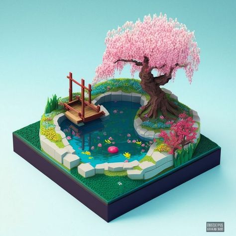 Land Diorama, Pond Diorama, Japanese Diorama, Diorama Nature, Fantasy Diorama, Japanese Pond, 3d Diorama, Isometric Drawing, Pink Nature