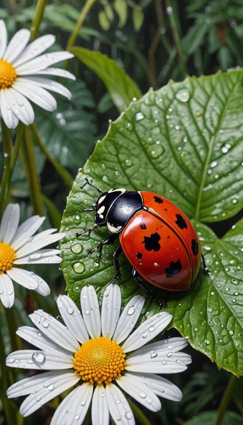 Ladybug and daisies - AI creation Charcoal Drawing, Animal Photography Aesthetic, How To Draw Ladybug, Ladybug Flying, Ladybug Photography, Ladybug Animal, Beautiful Butterfly Images, Charcoal Picture, White Ladybug