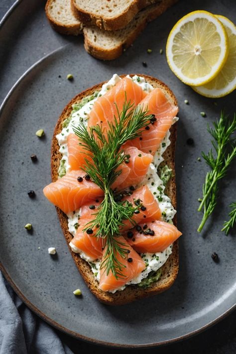 A photo of a  Smoked Salmon and Dill Ricotta Toast which is a type of ricotta toast recipes Salmon Breakfast Ideas, Special Breakfast Ideas, Breakfast Plating, Breakfast Salmon, Smoked Salmon Toast, Salmon Toast, Salmon Dill, Savory Salmon, Toast Recipe Breakfast