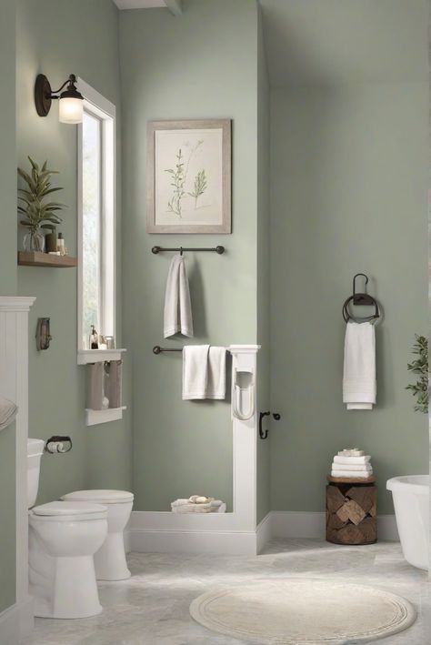 Explore the soothing Sagebrush Green Escape (BM 2141-30) in this 2024 Bathroom Harmony design routine. Find natural harmony in your daily interior designer routine. #Ad #homedecor #homedesign #bathroom #Painthome interiorarchitecture best Wall Colors for Bathroom Colors Bright Room Colors best colors combinations bathroom bathroom Remodeling Modern Paint Colors 2024 Green Paint Bathroom Ideas, Bm Bathroom Paint Colors, Bathroom Green Accent Wall, Save Green Bathroom, Bathroom Color Schemes Green, Sage Paint Color Bathroom, Sage Green Paint Bathroom, Neutral Green Bathroom, Seafoam Green Bathroom Decor Ideas