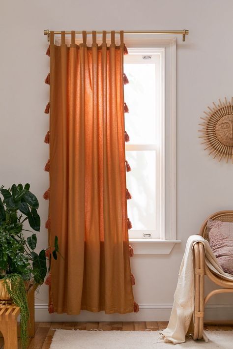 Laura Tassel Room Darkening Window Panel | Urban Outfitters Terracotta Bedroom, Cortinas Boho, Bamboo Beaded Curtains, Orange Curtains, Window Curtains Bedroom, Curtain Fringe, Boho Curtains, Inspire Me Home Decor, Beaded Curtains