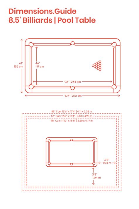 8.5’ Billiards | Pool Tables are oversized ‘professional’ tables sized to provide a greater challenge for players. 8.5’ Tables have playing surfaces measuring 92” | 234 cm cm in length, a width of 46” | 117 cm, and have beds set at 29 1/4”-31” | 74.3-78.7 cm from the floor. Downloads online #billiards #pool #pooltables #sports #cue Small Pool Table, Pool Table Dimensions, Diy Pool Table, Billard Table, Pool Table Sizes, Pool Table Games, Custom Pool Tables, Cue Sports, Pool Table Room