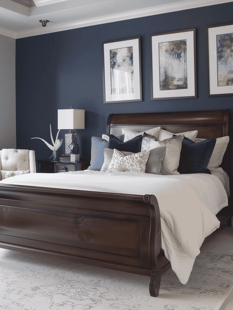 Darker Paint Colors For Bedroom, Blue Walls Dark Furniture, Bedroom Paint With Brown Furniture, Bedroom Ideas Mahogany Furniture, Bedroom Paint Ideas With Brown Furniture, One Blue Wall Bedroom, Modern Bedroom Color Ideas, Rich Wall Colors, Brown Furniture Wall Color Ideas