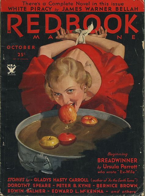 Gorgeously illustrated cover of the October 1933 cover of Redbook magazine featuring a young woman bobbing for apples. #magazine #cover #apples #bobbing #party #vintage #retro #red #redbook #dress #games #1930s #thirties Old Magazine, Magazine Cover, Apples, Red Dress, A Woman, Magazine, Halloween, Red