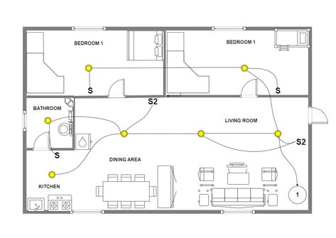 This is a wiring diagram displaying the wiring plan of a house. Viewers can see the wiring layout of the bedrooms, living room, dining area, kitchen, and bathroom in the house. A wiring diagram is a simple visual representation of the physical connections and physical layout of an electrical system or circuit. This visual representation shows the relative layout of the components and the wire connections between them. House Wire Diagram, Electrical Wiring Diagram Lights, House Wiring Diagram Home, Electrical Wiring Diagram Houses, House Electrical Wiring Plan, Electrical Wiring Plan, House Wiring Diagram, Electrical Plan Symbols, Electrical Layout Plan