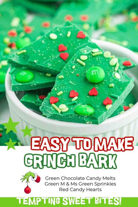 Homemade Grinch Bark Recipe is so much fun to make during the holiday season. With only 4 ingredients, this festive treat is the perfect snack. Satisfy your sweet tooth and make this super easy Grinch Chocolate Bark recipe. The vibrant green with sprinkles make this Christmas bark so festive. #dessertsonadime #grinchbark #grinchdessertrecipe Grinch Bark, Grinch Chocolate, Christmas Bark, Chocolate Bark Recipe, Chocolate Candy Melts, Bark Recipe, Chocolate Bark, Festive Treats, Christmas Snacks