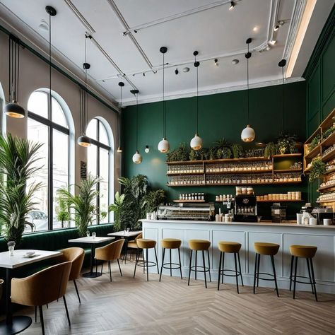 Russian Coffee, Open Concept Design, Central Bar, High Ceilings, Neutral Colour Palette, Minimalist Decor, Large Windows, Open Concept, High Ceiling