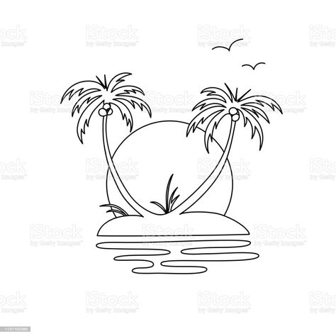 Oasis Drawing, Oasis Tattoo, Palm Tree Outline, Hand Line Drawing, Tree Line Drawing, Tattoo Wave, Palm Tree Drawing, Summer Drawings, Beach Drawing