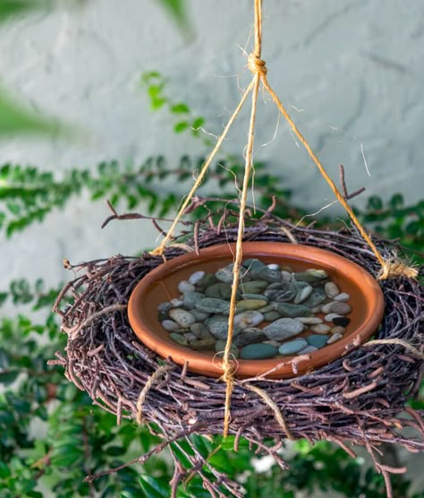 Terra cotta saucer with pebbles and water hanging from twig wreath Bird Bath Ideas, Hanging Bird Bath, Easy Bird, Diy Bird Bath, Twig Wreath, Bath Ideas, Garden Yard Ideas, Backyard Birds, Garden Cottage