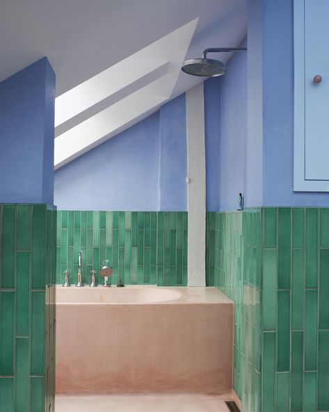 Block Colour Bathroom, File Under Pop Tiles, Colorful Tile Bathroom, Shower Booth, Tile Bathroom Ideas, Beige Wall Colors, Green Wall Color, Colorful Bathroom, Coco Lapine Design