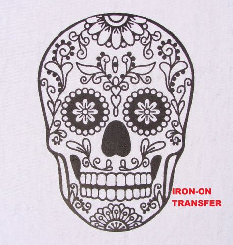 Sugar Skull TRANSFER Iron On Heat Press DIY for T by beadgiant Sugar Skull Template, Skull Simple, Skull Template, Skull Coloring, Skull Coloring Pages, Animal Stencil, Halloween Party Favors, Fabric Markers, Sugar Skulls