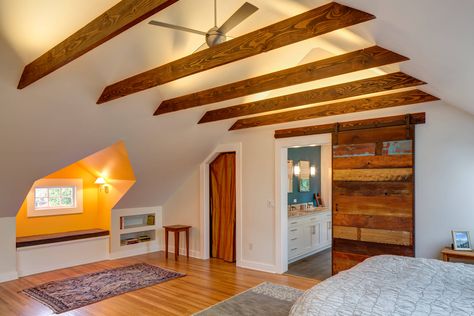 Attic Master Suite, Sloping Ceiling, Master Suite Remodel, Exposed Ceiling, Attic Makeover, Attic Renovation Ideas, Attic Lighting, Attic Ideas, Shotgun House